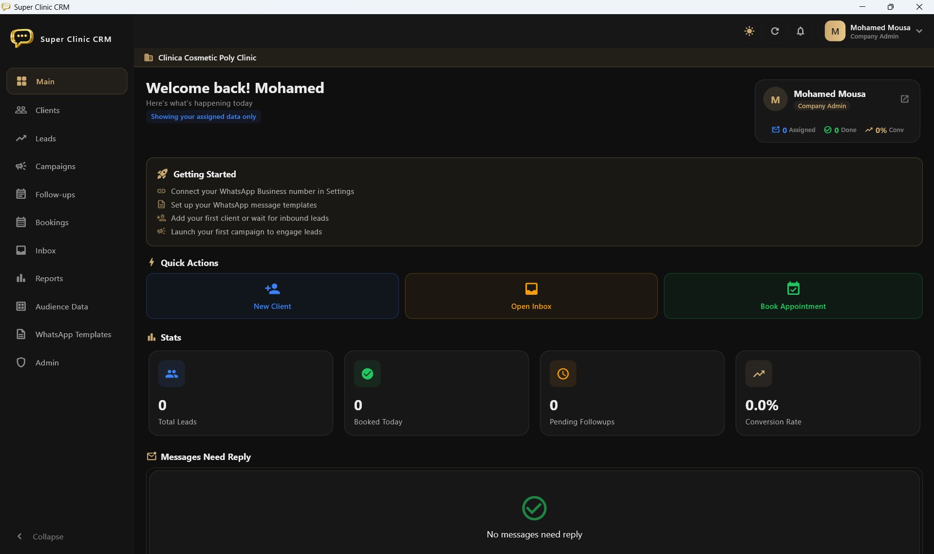 Super Clinic CRM dashboard showing leads, messaging, bookings, and follow-up workflows